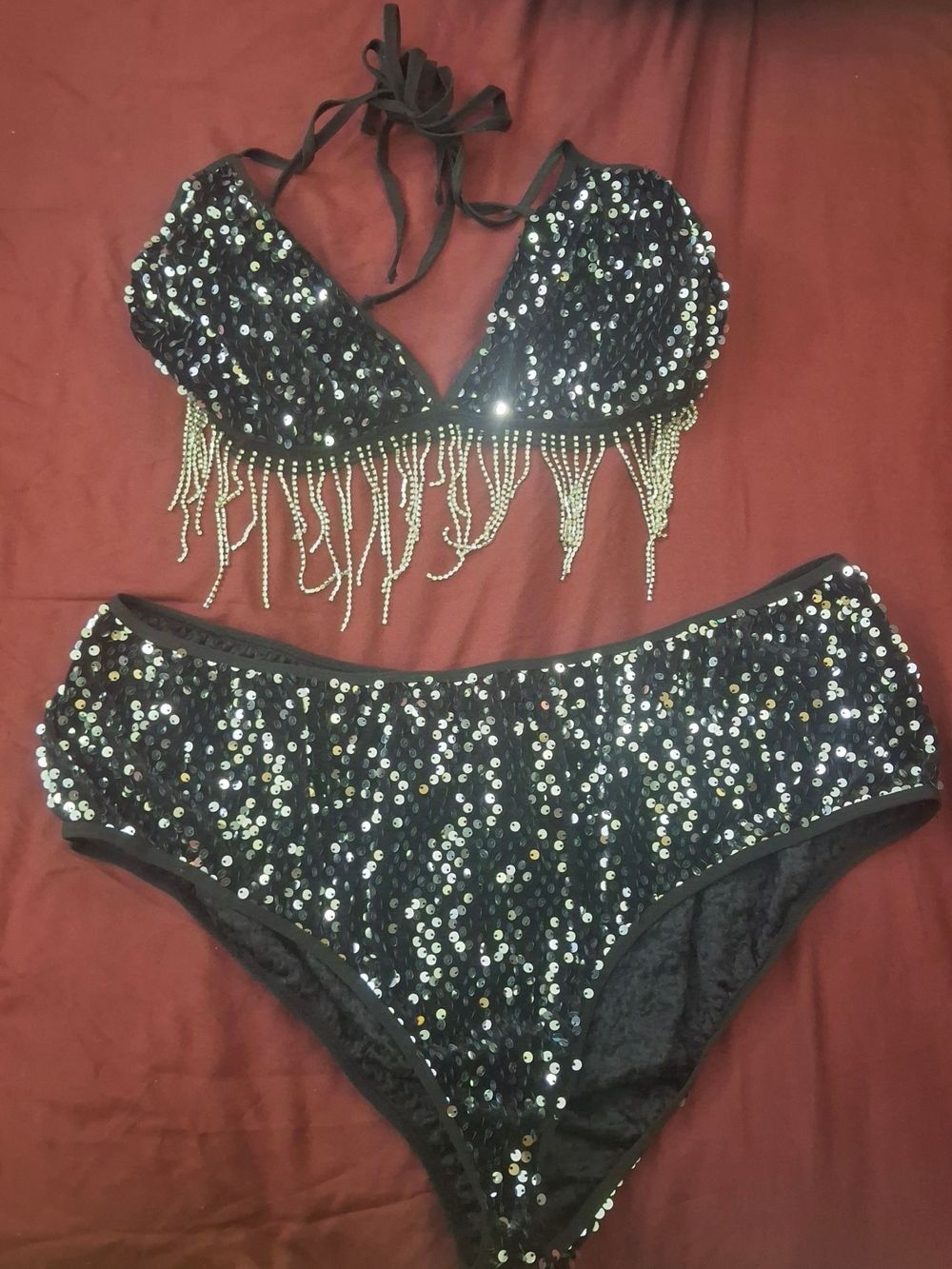Black Two-Piece Sun Suit with Silver Sequins And Rhinestone Fringe